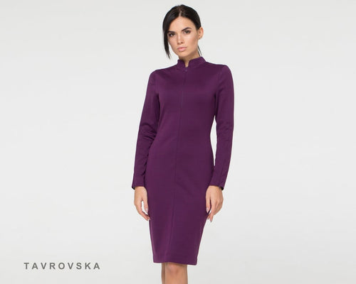 Purple Pencil High Neck Collar Dress