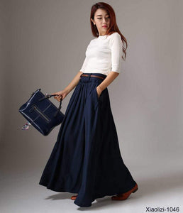 Navy Blue Linen Maxi Skirt