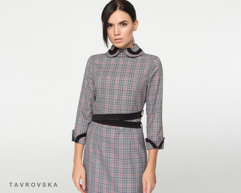 Plaid Pencil Peter Pan Collar High Neck Dress