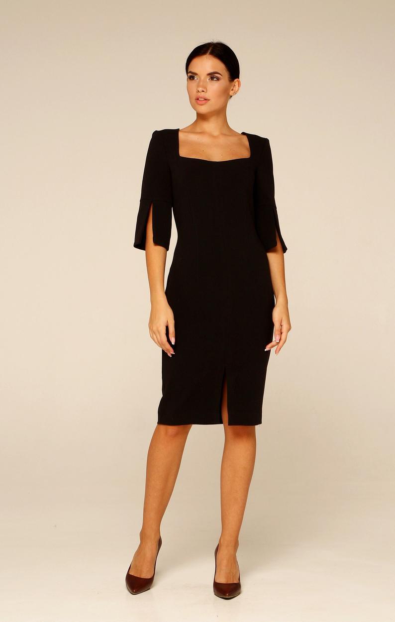 Black Square Deep Neck Cocktail Pencil Dress