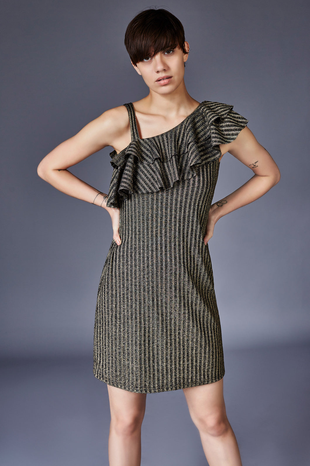 Gold and Black Stripes Ruffle Dress