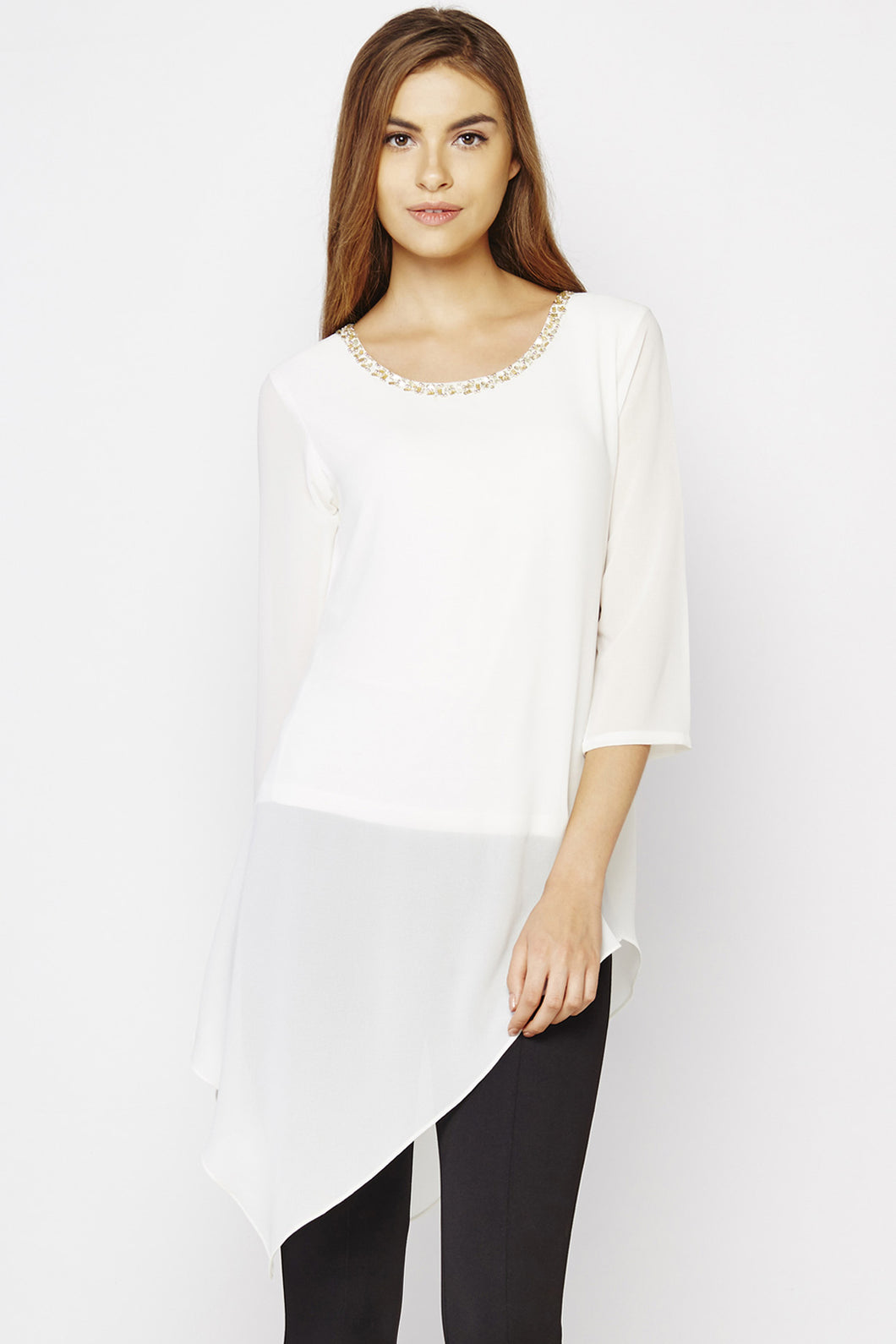 Embellished Neckline Off-white Asymmetric Top