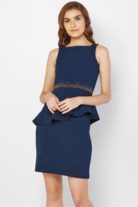 Embellished Peplum Navy Shift Dress