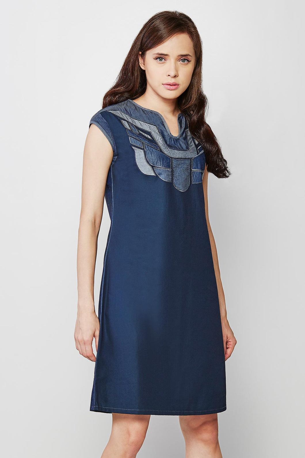 Denim Shift Dress with Patchwork Yoke