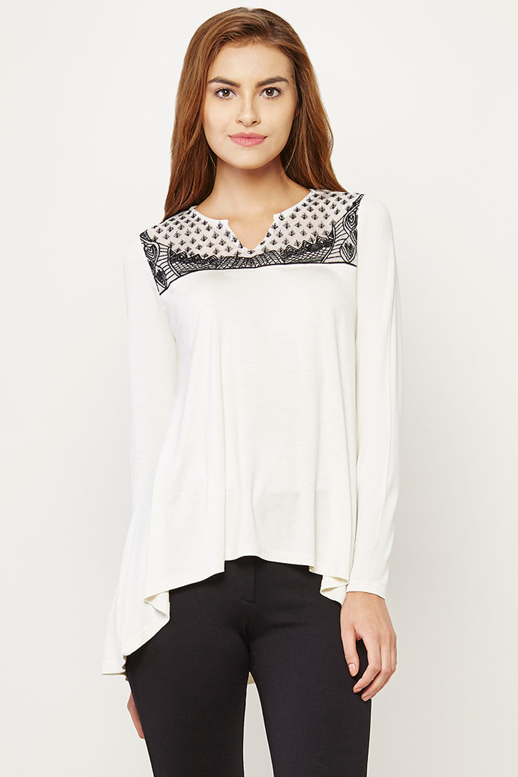 Embroidered High-low Hemline Cream Top