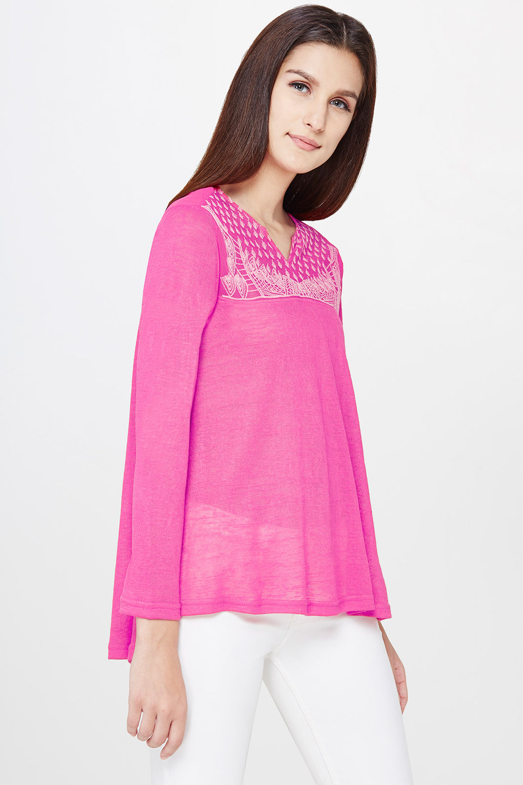 Embroidered High-Low Hemline Pink Top