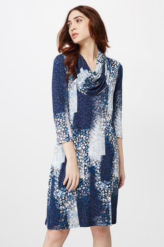 Blue Printed Cowl Neck Dress
