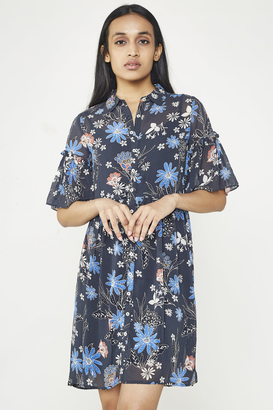 Black Floral Print Shirt Dress