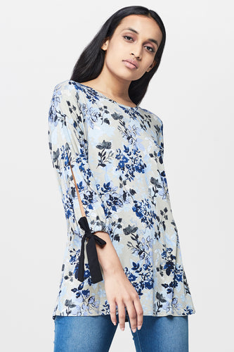 Floral Printed Top with Cut-Out Sleeves
