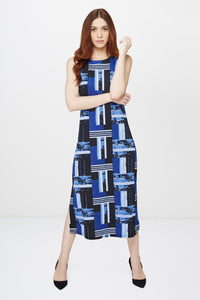 Blue & Black Geometric Print Dress