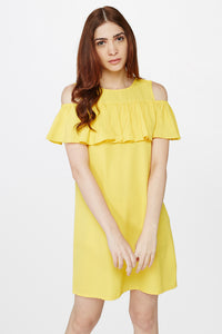 Yellow Cold Shoulder Flounce Dress