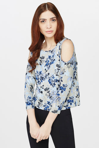 Blue Cold Shoulder Floral Top