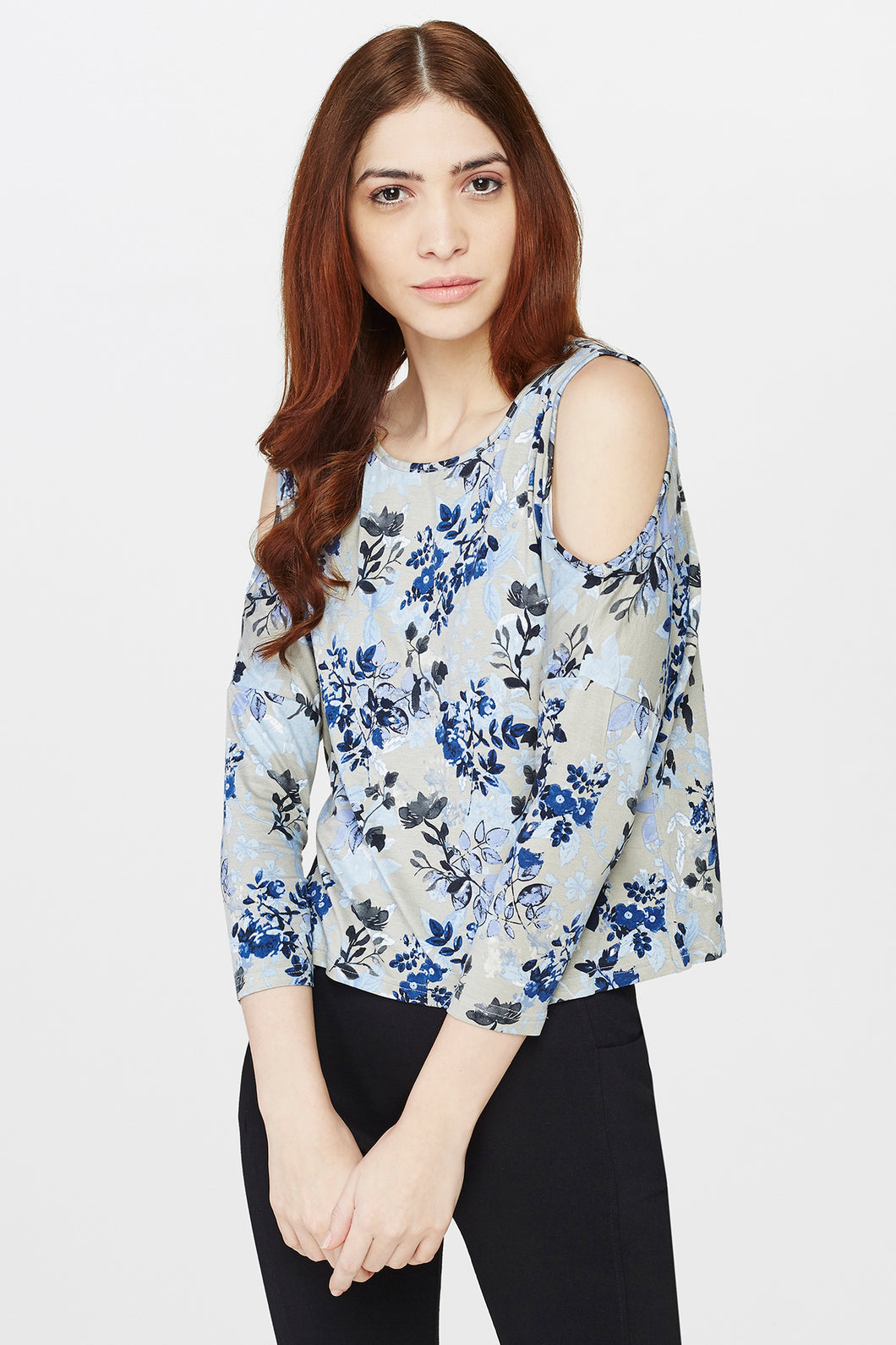 Blue Cold Shoulder Floral Top