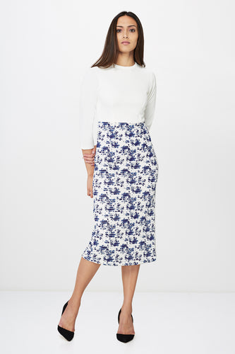 White & Blue Floral Print Midi Dress