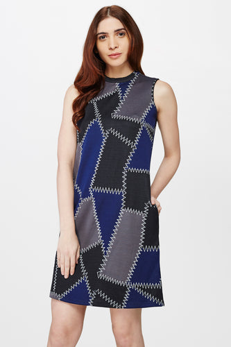 Blue Geometric Print A-Line Dress