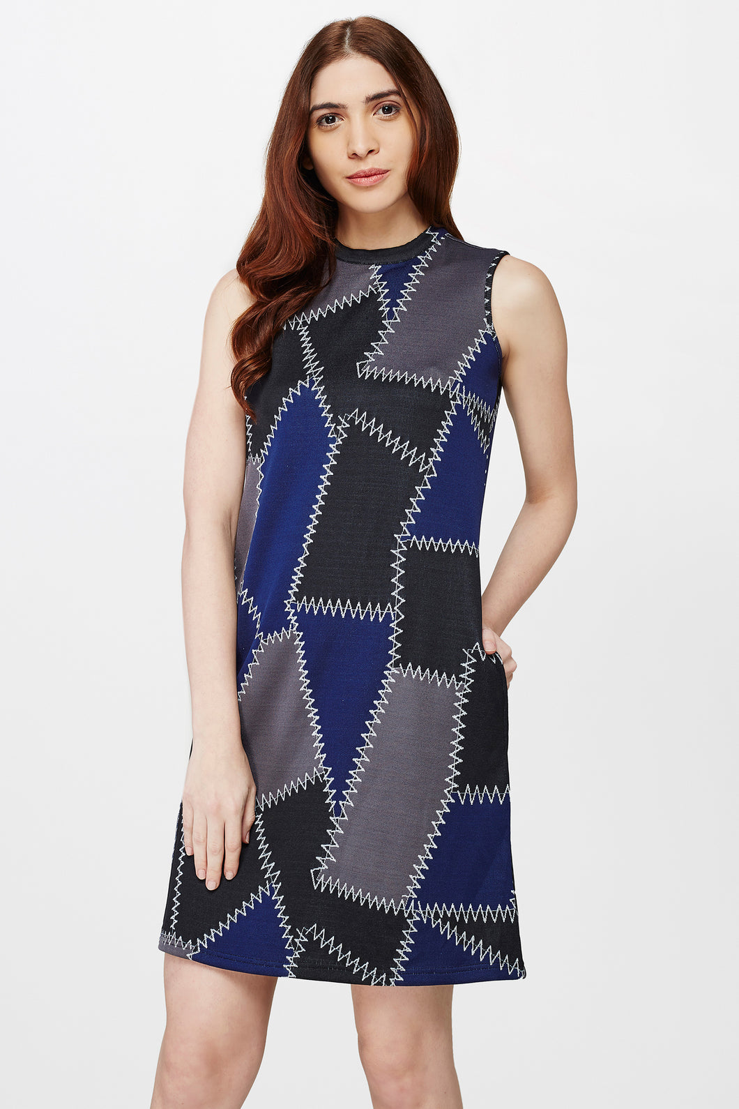 Blue Geometric Print A-Line Dress