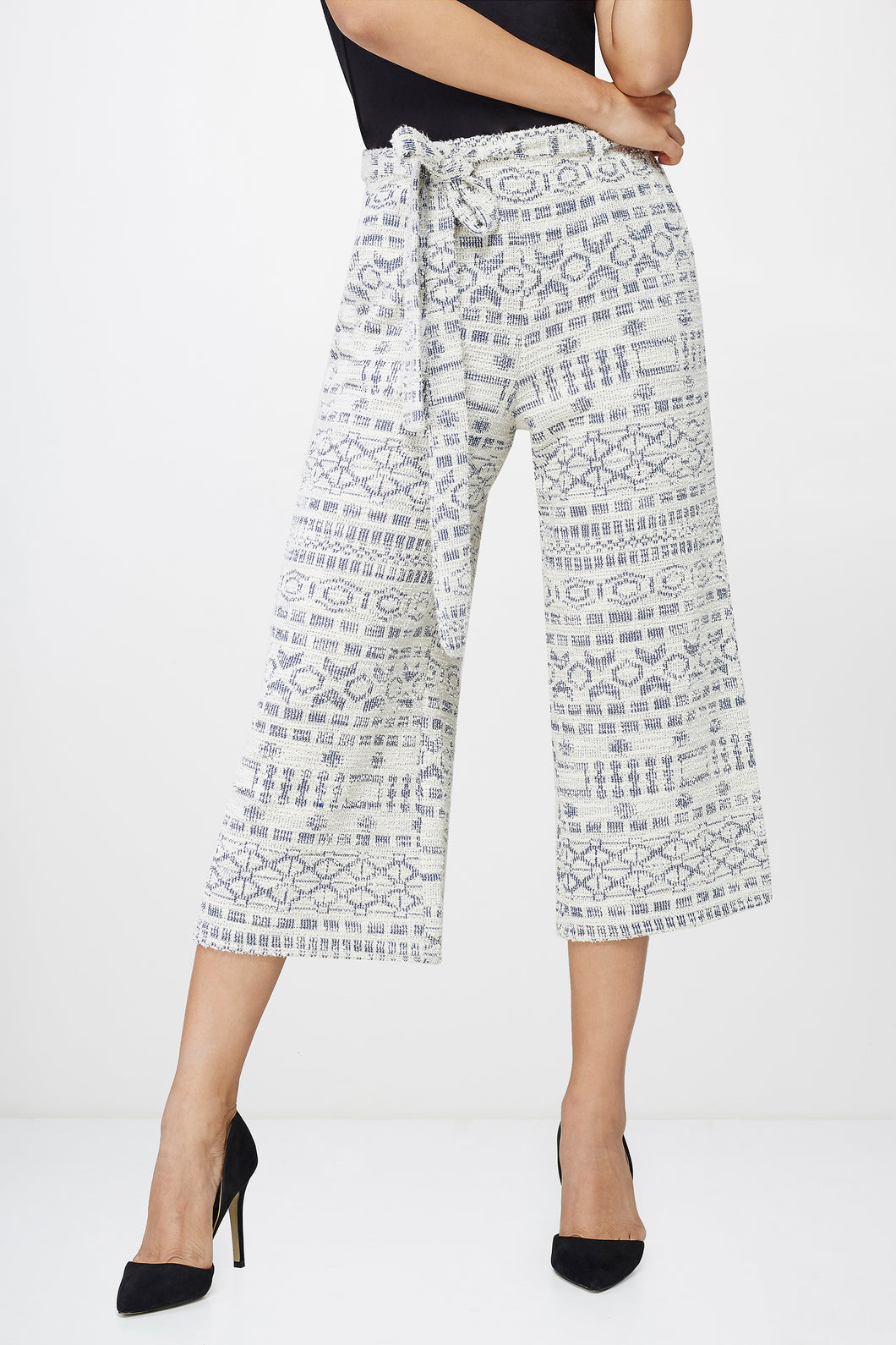 White and Blue Jacquard Knit Palazzos