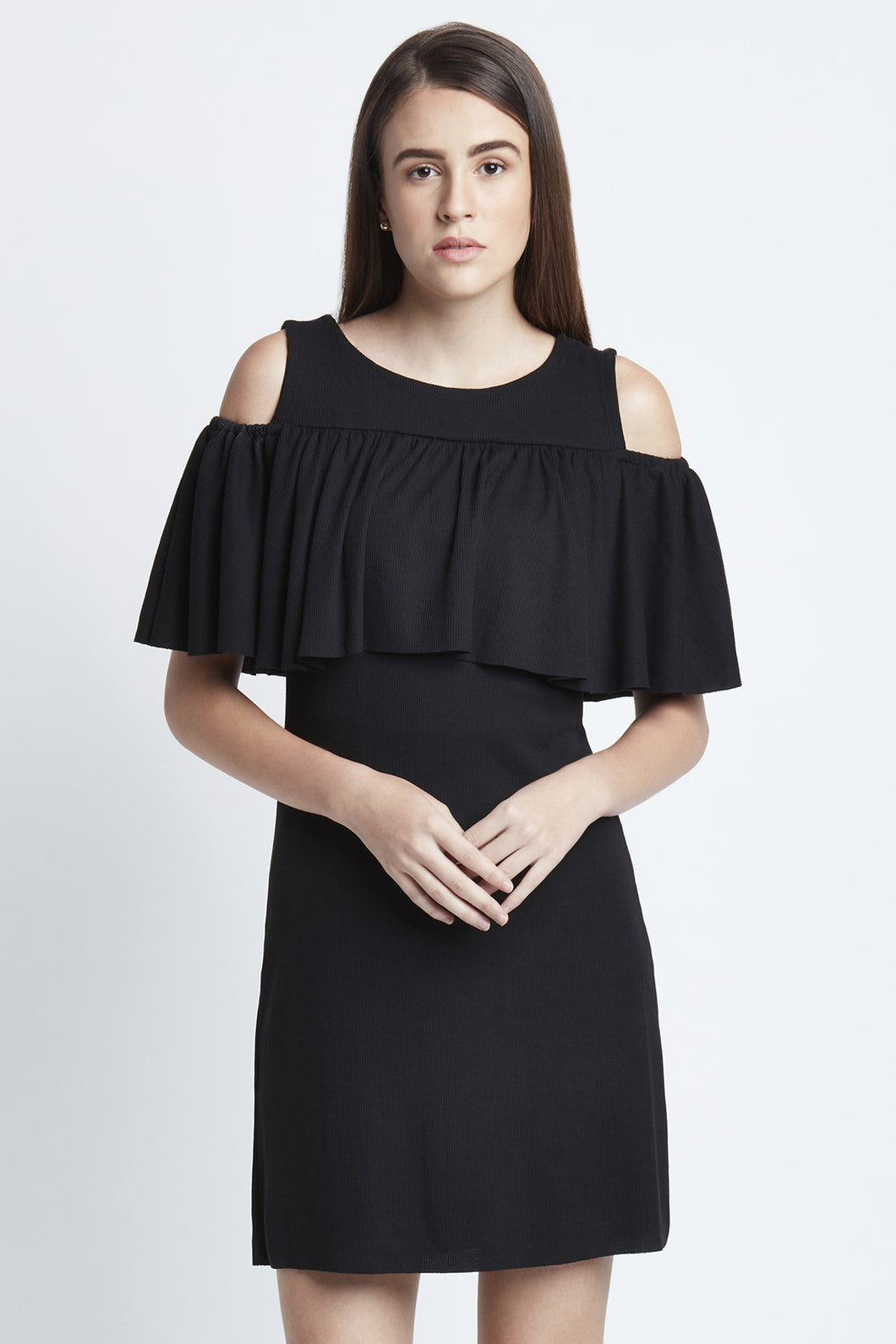 Black Ruffled Cold Shoulder Dress