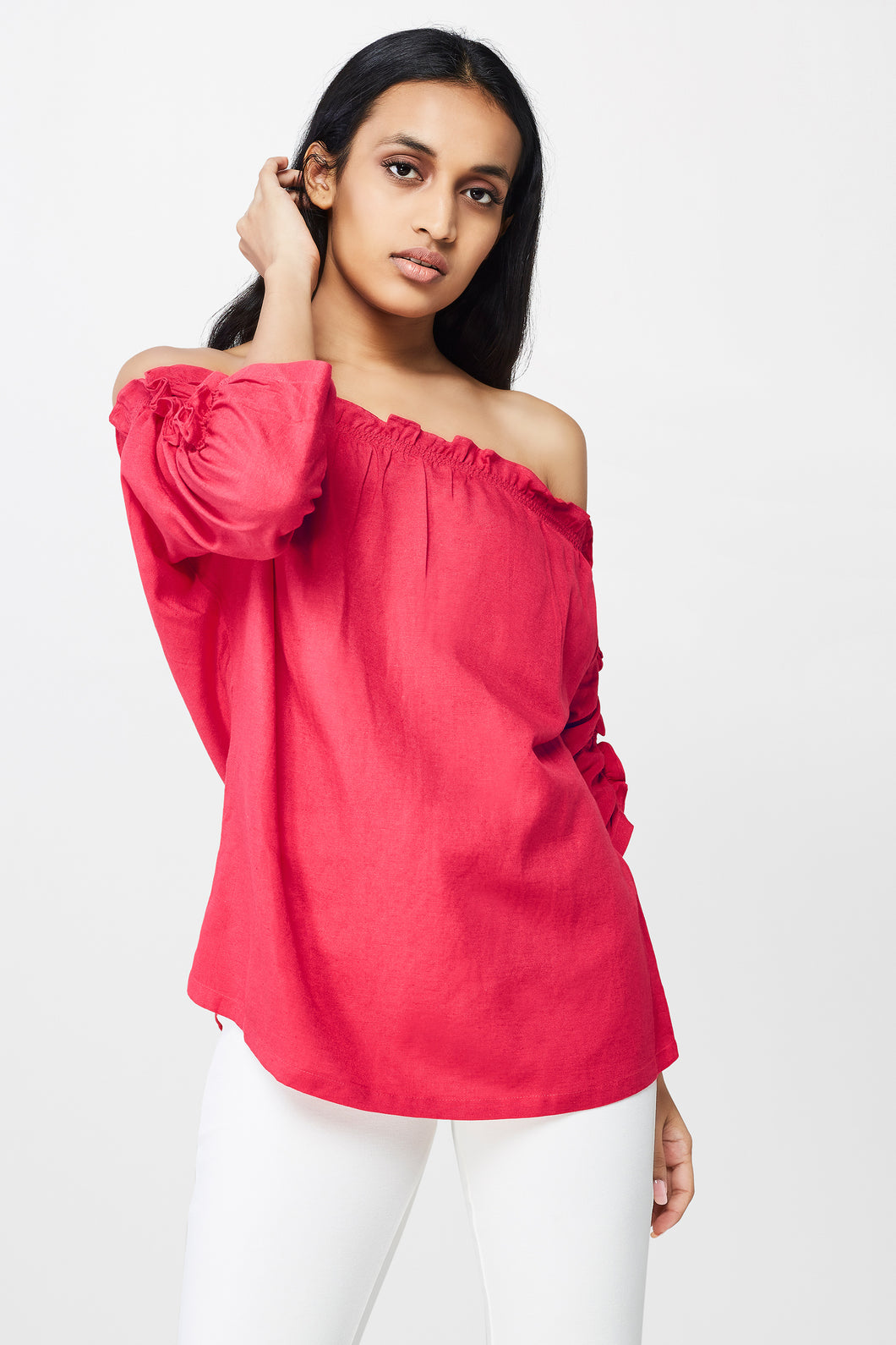 Pink Off Shoulder Ruching Sleeve Top