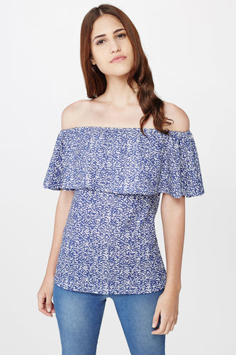 Blue Abstract Print Off Shoulder Top