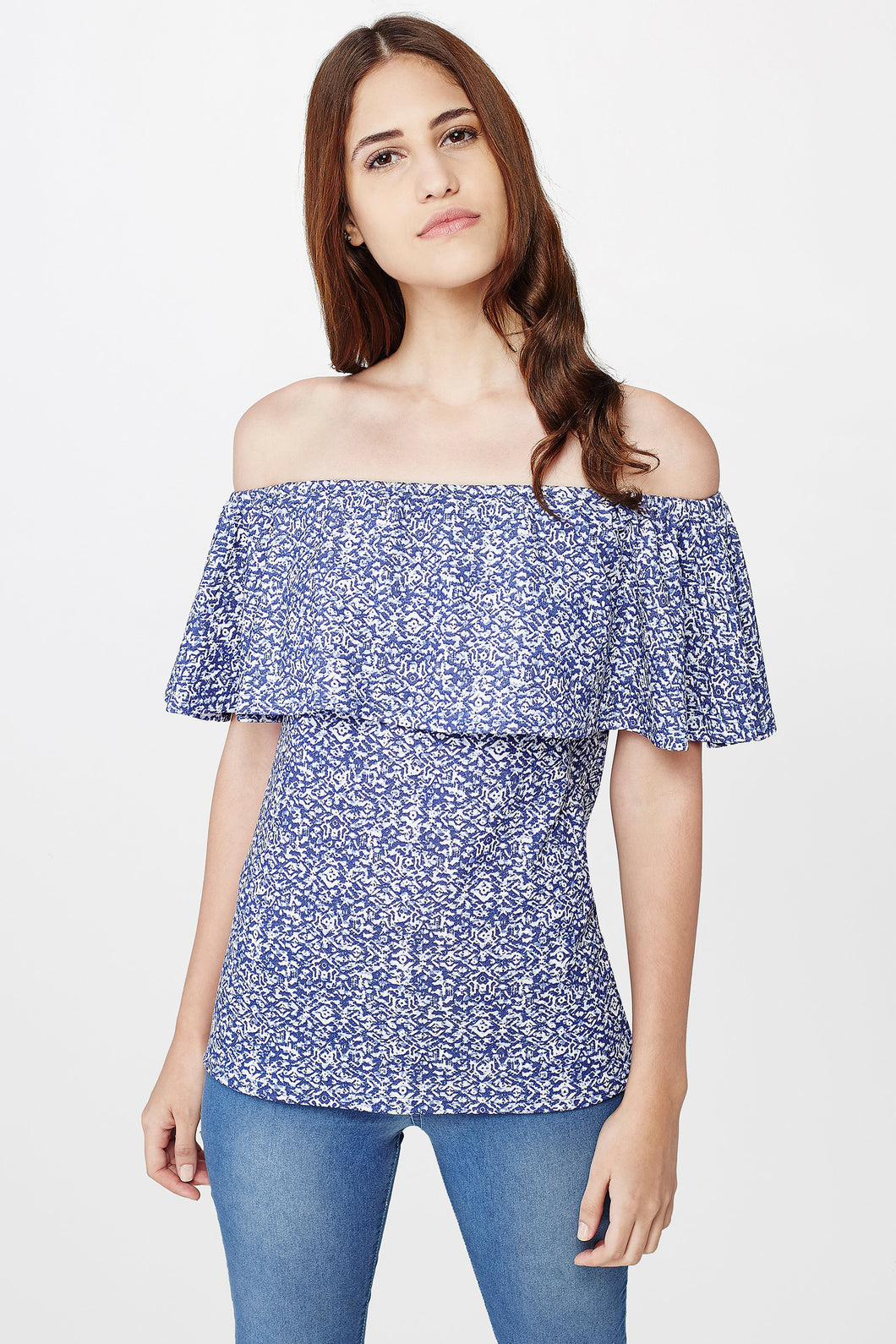 Blue Abstract Print Off Shoulder Top