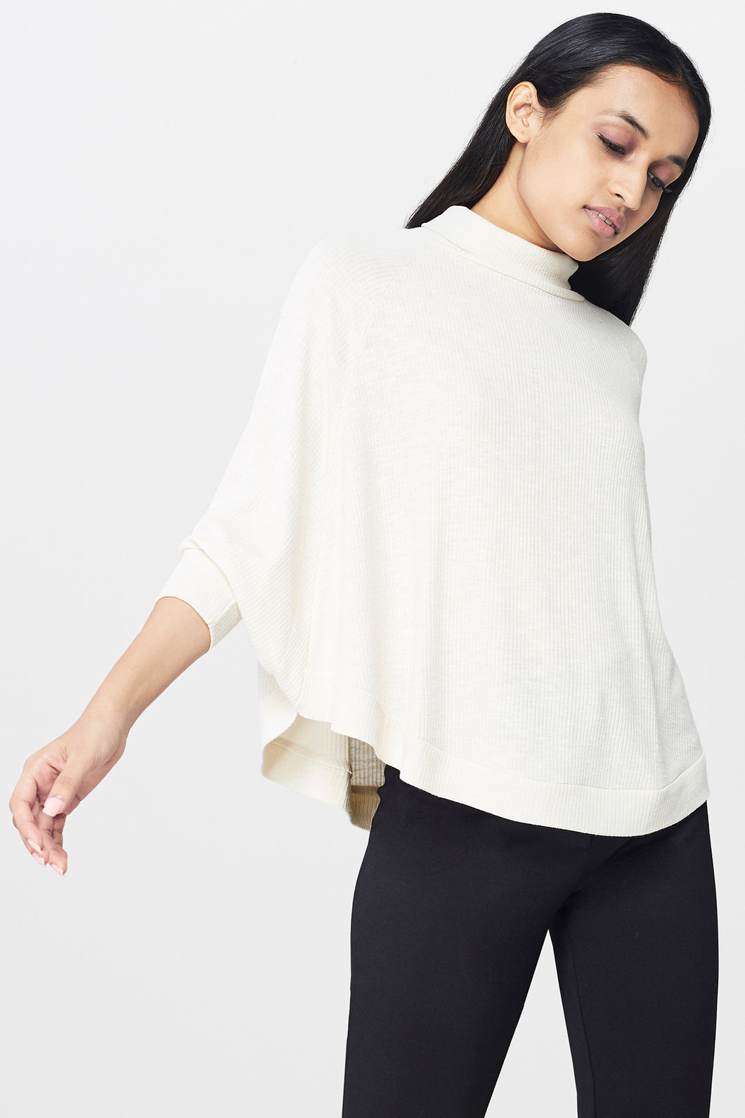 Beige Fine-Knit Batwing Sleeves Top