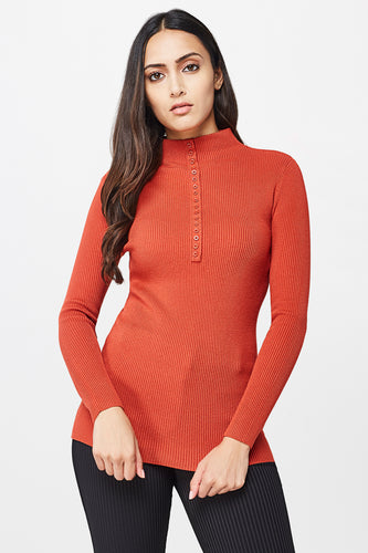 Orange Ribbed High Neck Top