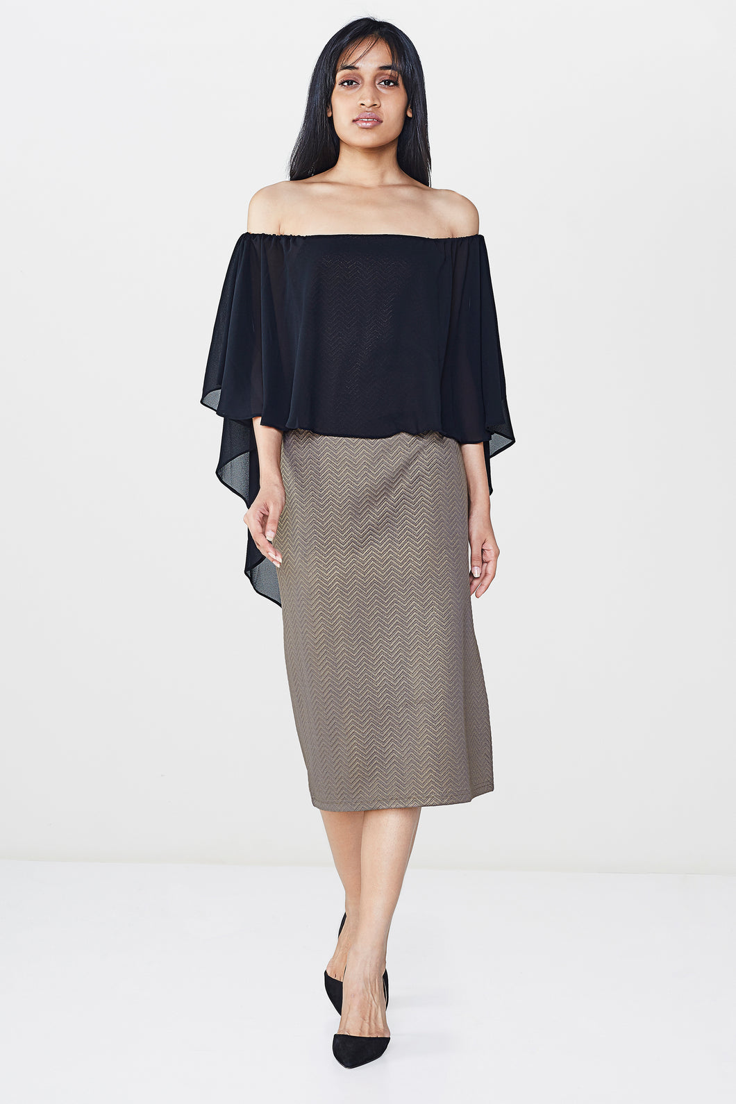 Gold Cape Off Shoulder Midi Dress