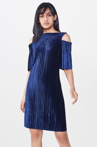 Blue Cold Shoulder Velvet Dress