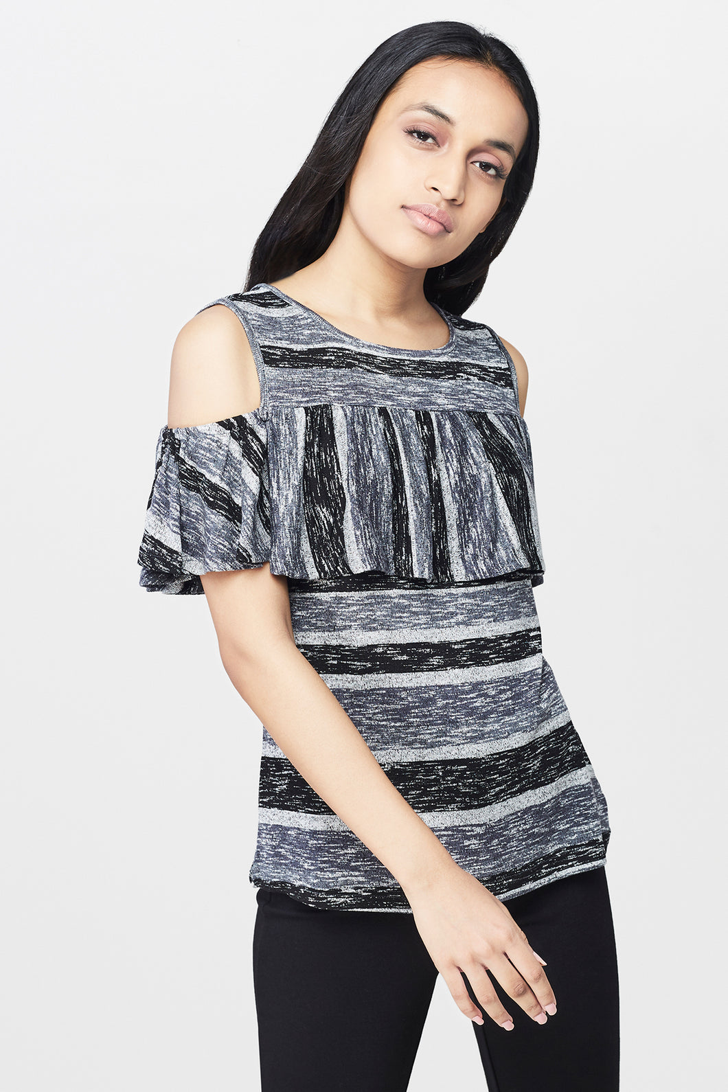 Black and Grey Cold Shoulder Top