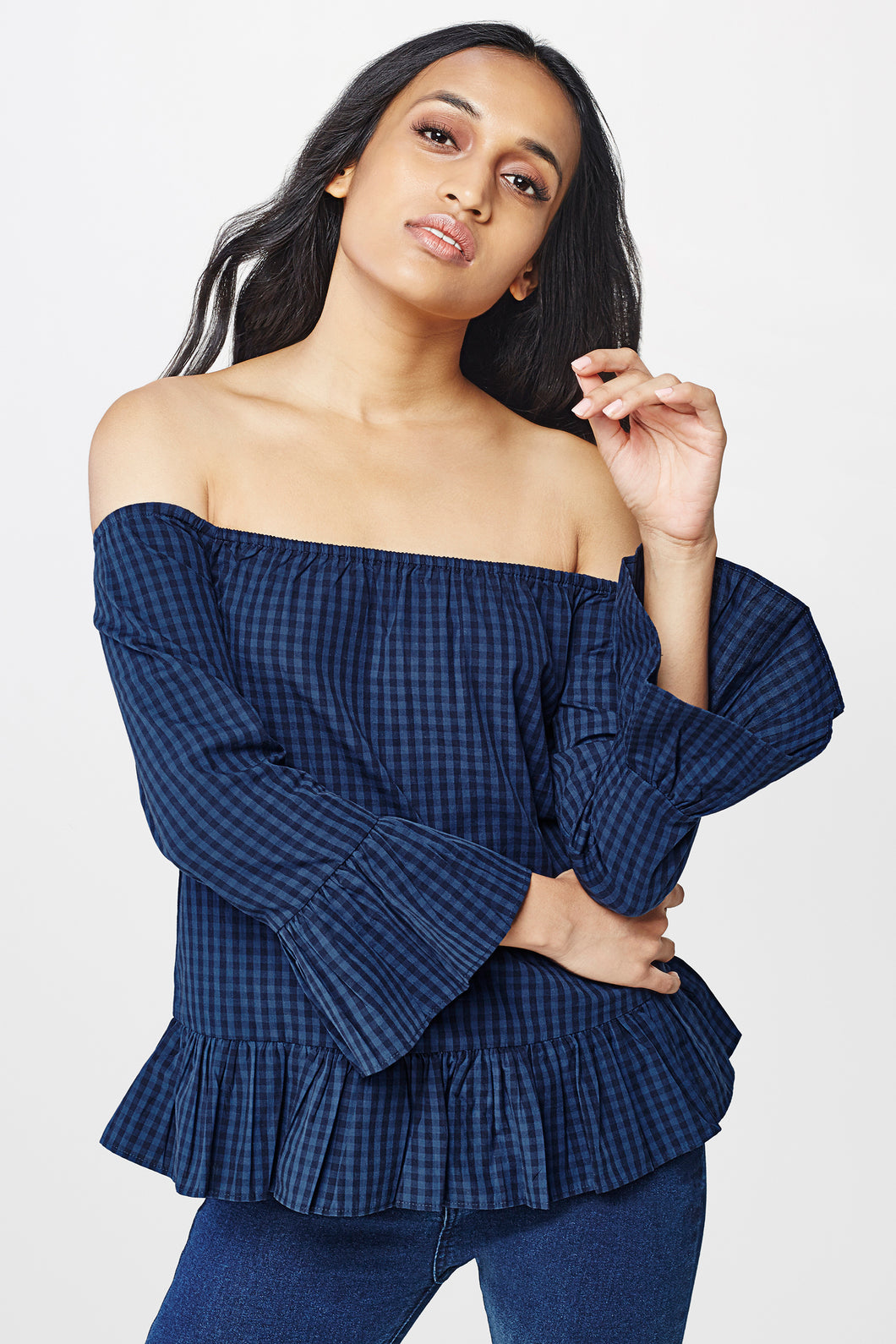 Ink Blue Striped Off-Shoulder Top