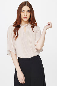 Beige Embellished Flute Sleeves Top