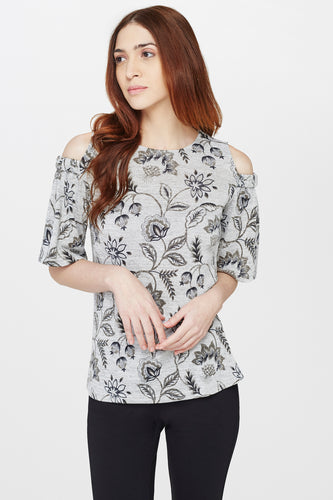 Grey and Black Printed Cold Shoulder Top