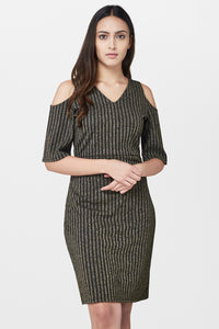 Black Shimmer Stripes Cold Shoulder Dress