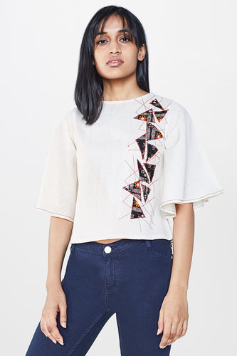 Off White Flared Sleeves Crop Top