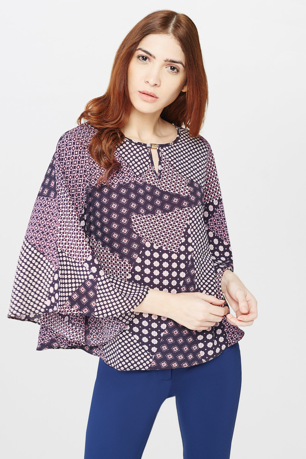 Blue Geometric Print Sleeves Top