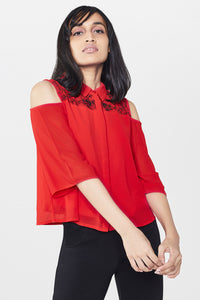 Red Cold Shoulder Crop Shirt