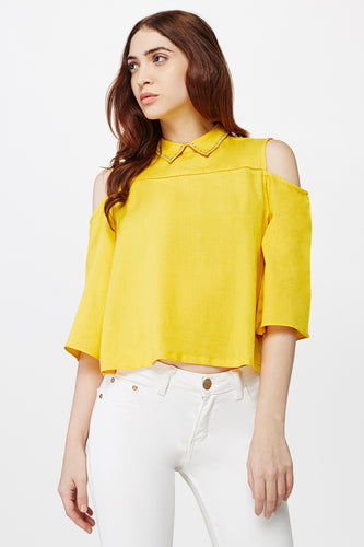 Yellow Cold Shoulder Collared Top