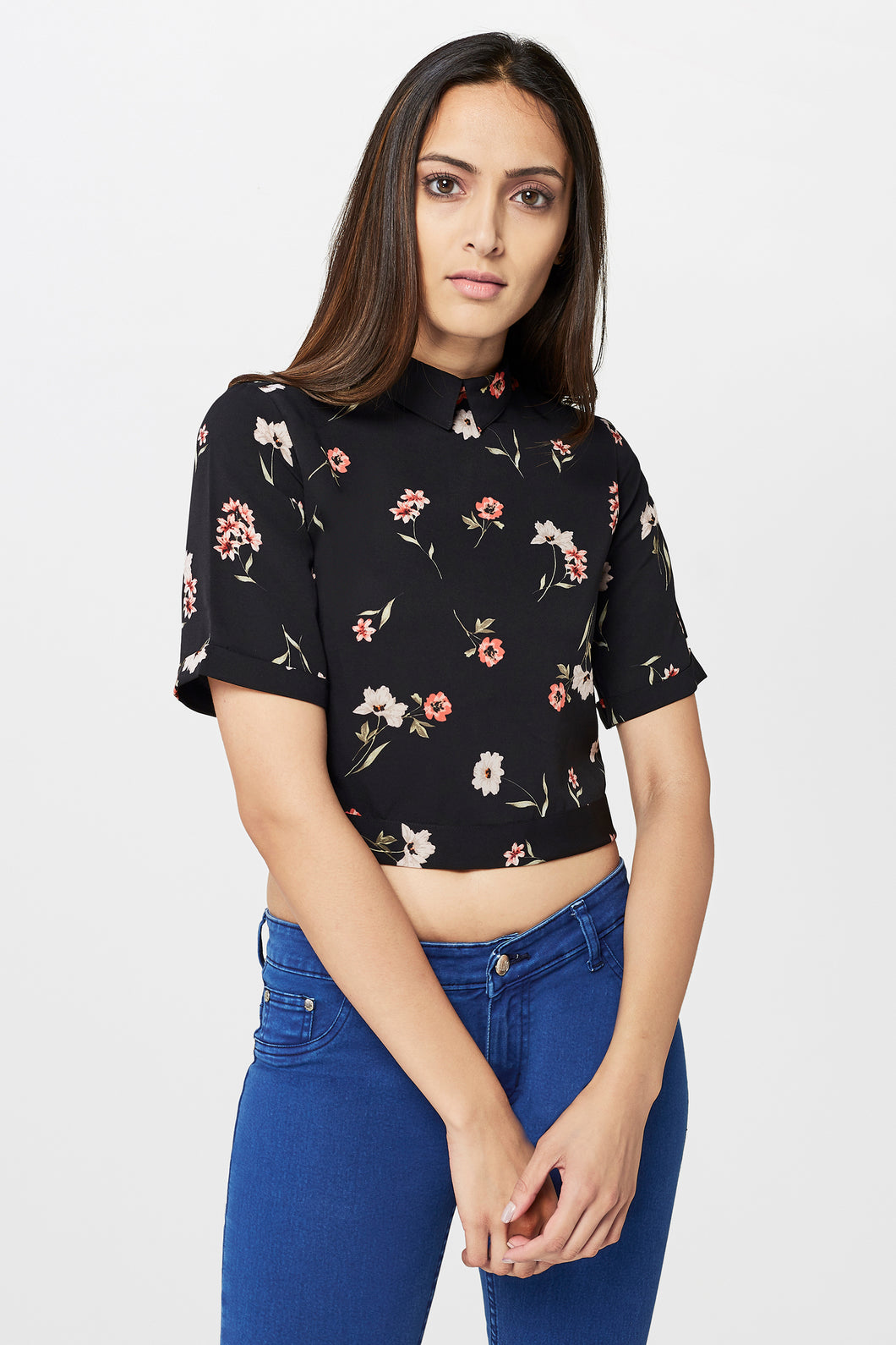 Black Floral Print Crop Top