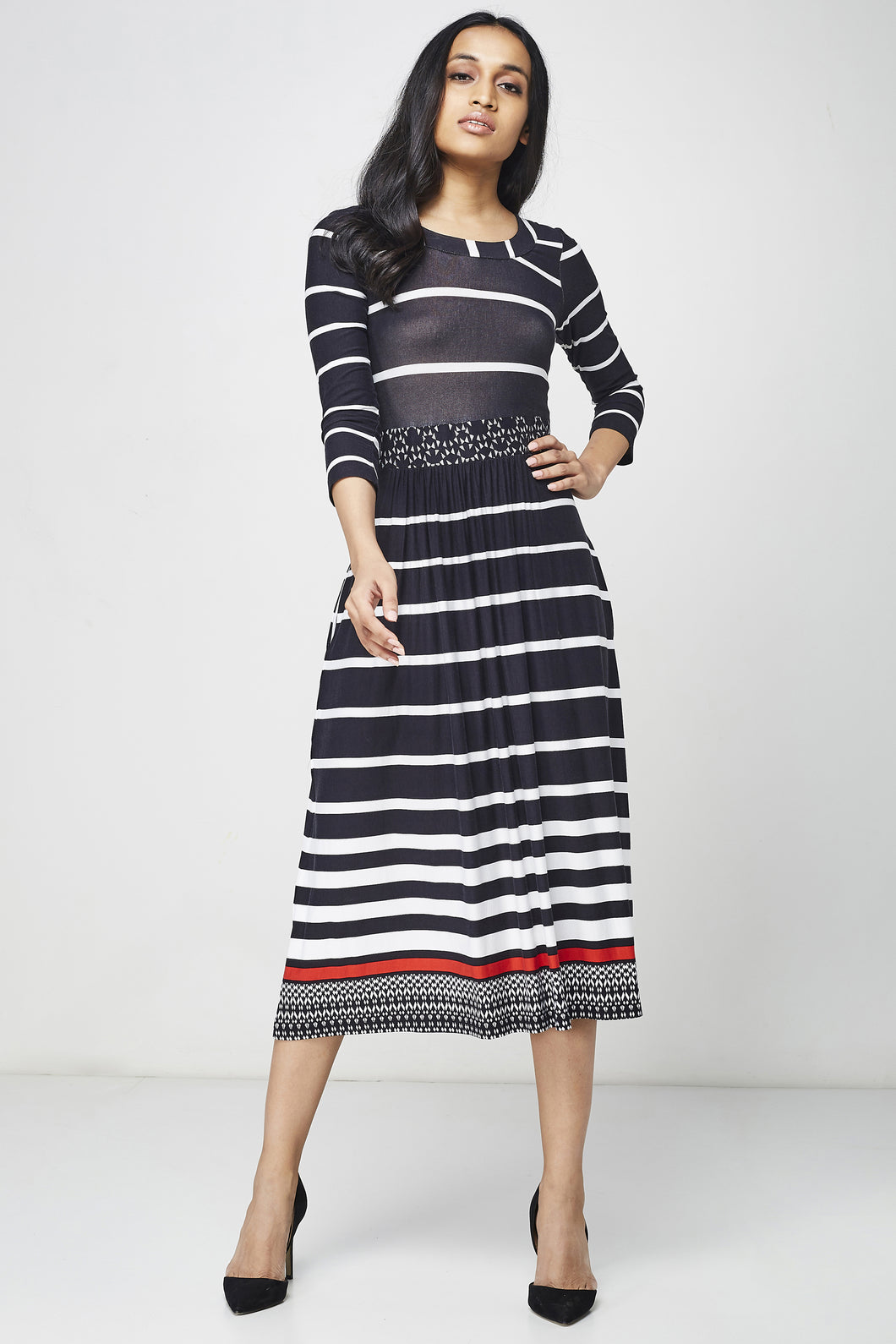 White and Black Striped Midi Dress