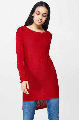 Red High-Low Fine-Knit Top