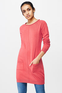 Coral Fine-Knit Raw Edge Neckline Tunic