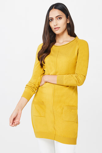 Mustard Fine-Knit Raw Edge Neckline Tunic