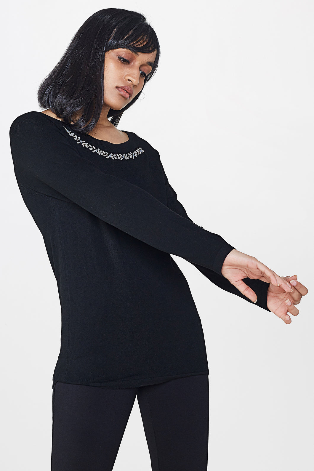 Black Embellished Fine Knit Top