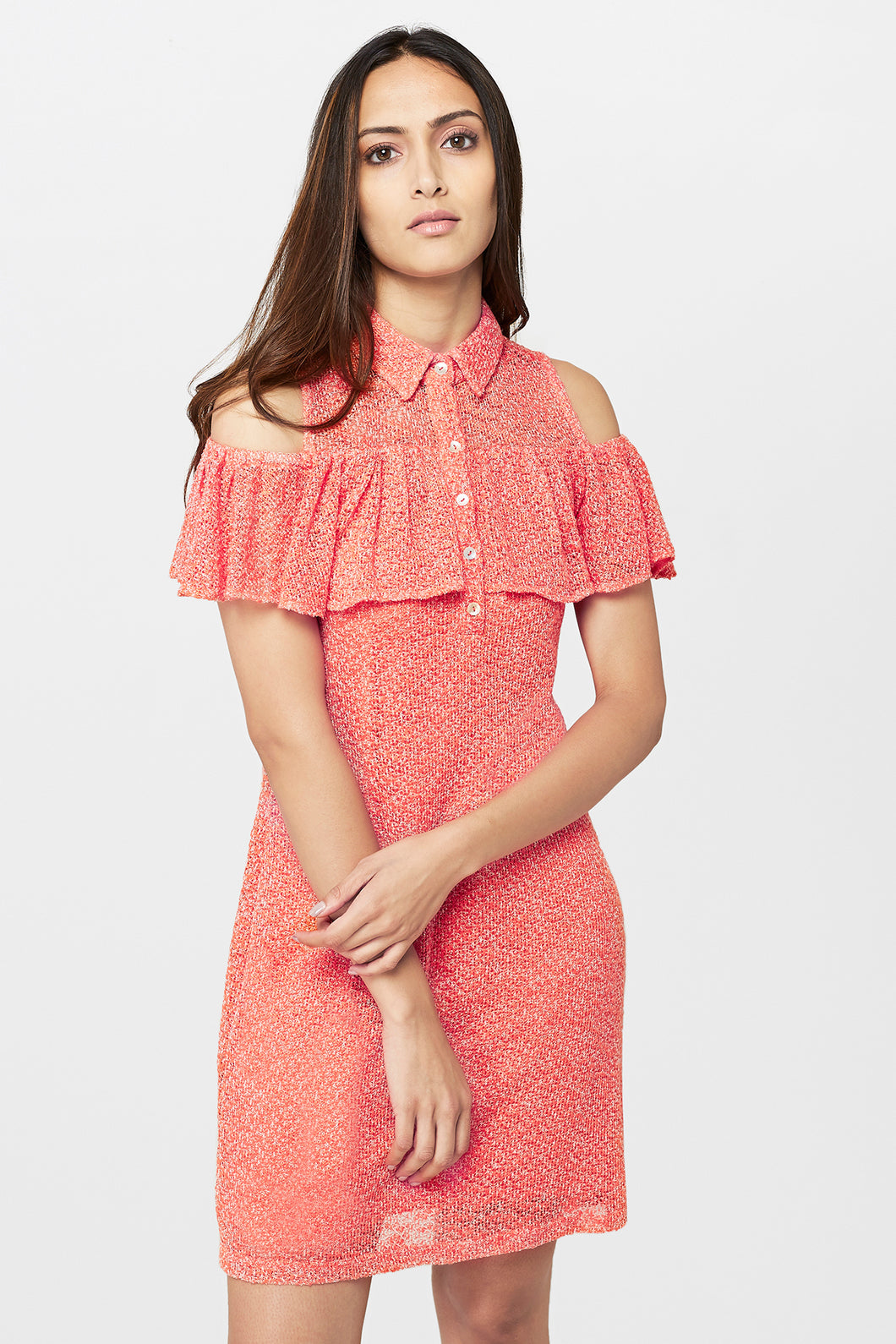 Coral Net Cold Shoulder Dress