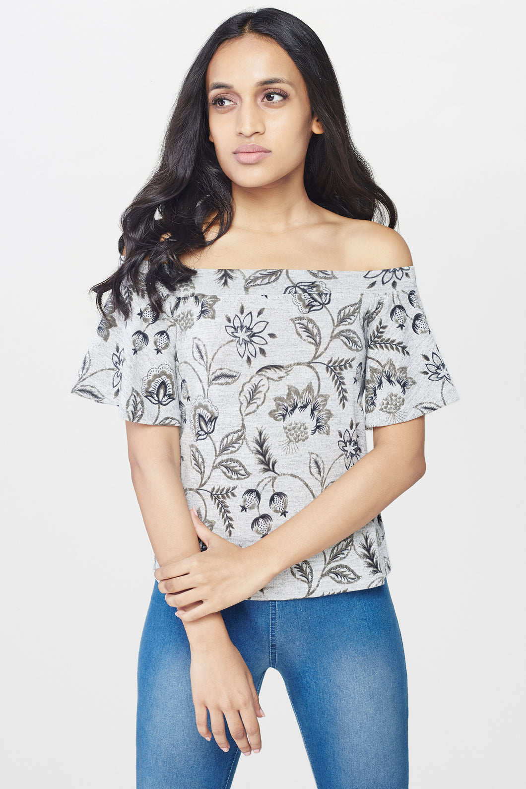 Grey and Black Printed Off-Shoulder Top