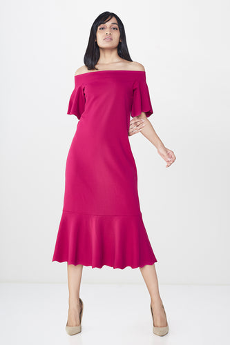 Cranberry Off-Shoulder Ruffle Midi Dress