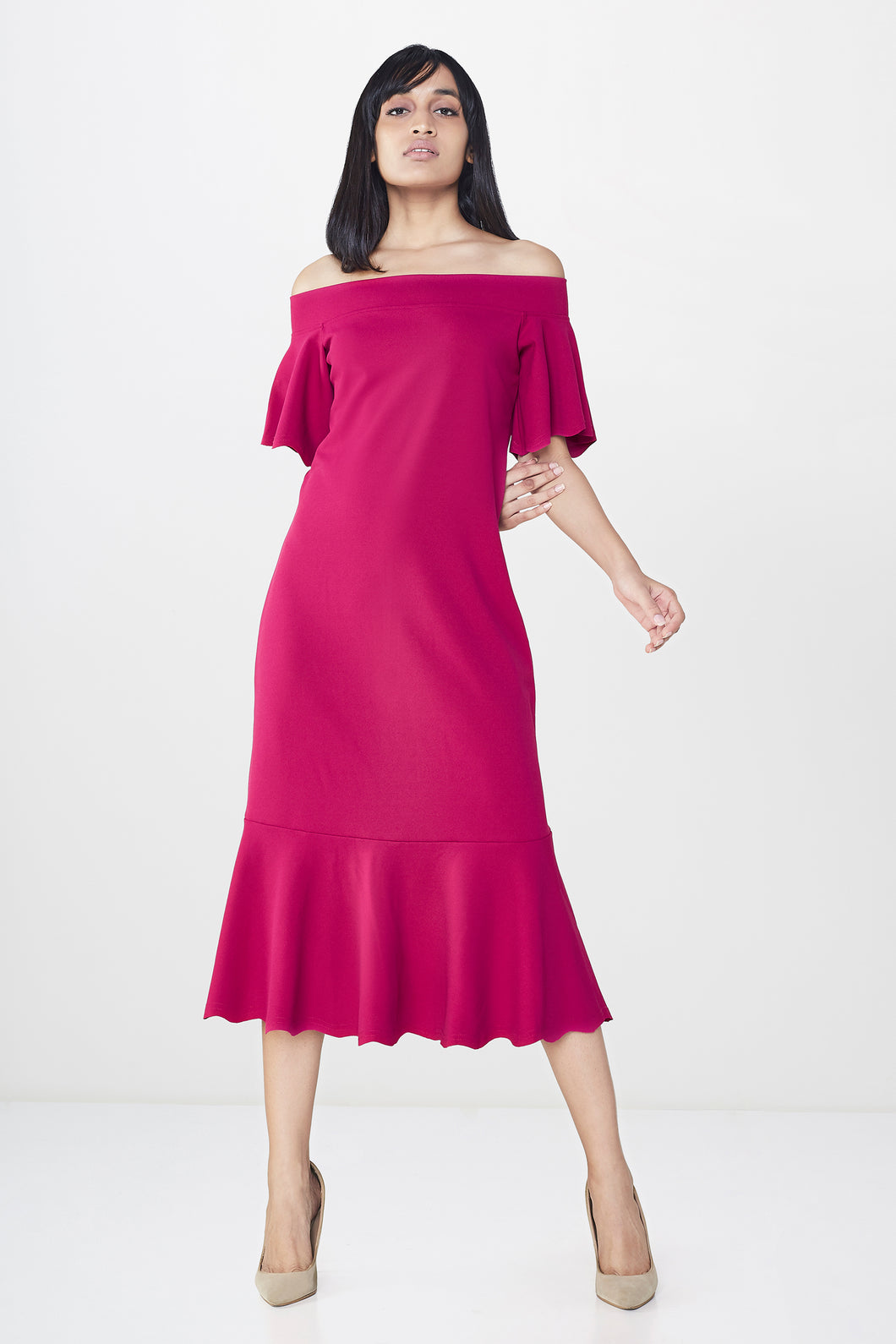 Cranberry Off-Shoulder Ruffle Midi Dress