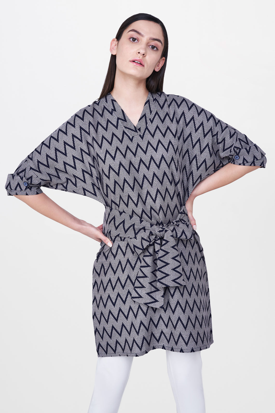 Navy Chevron Tie-up Front Tunic