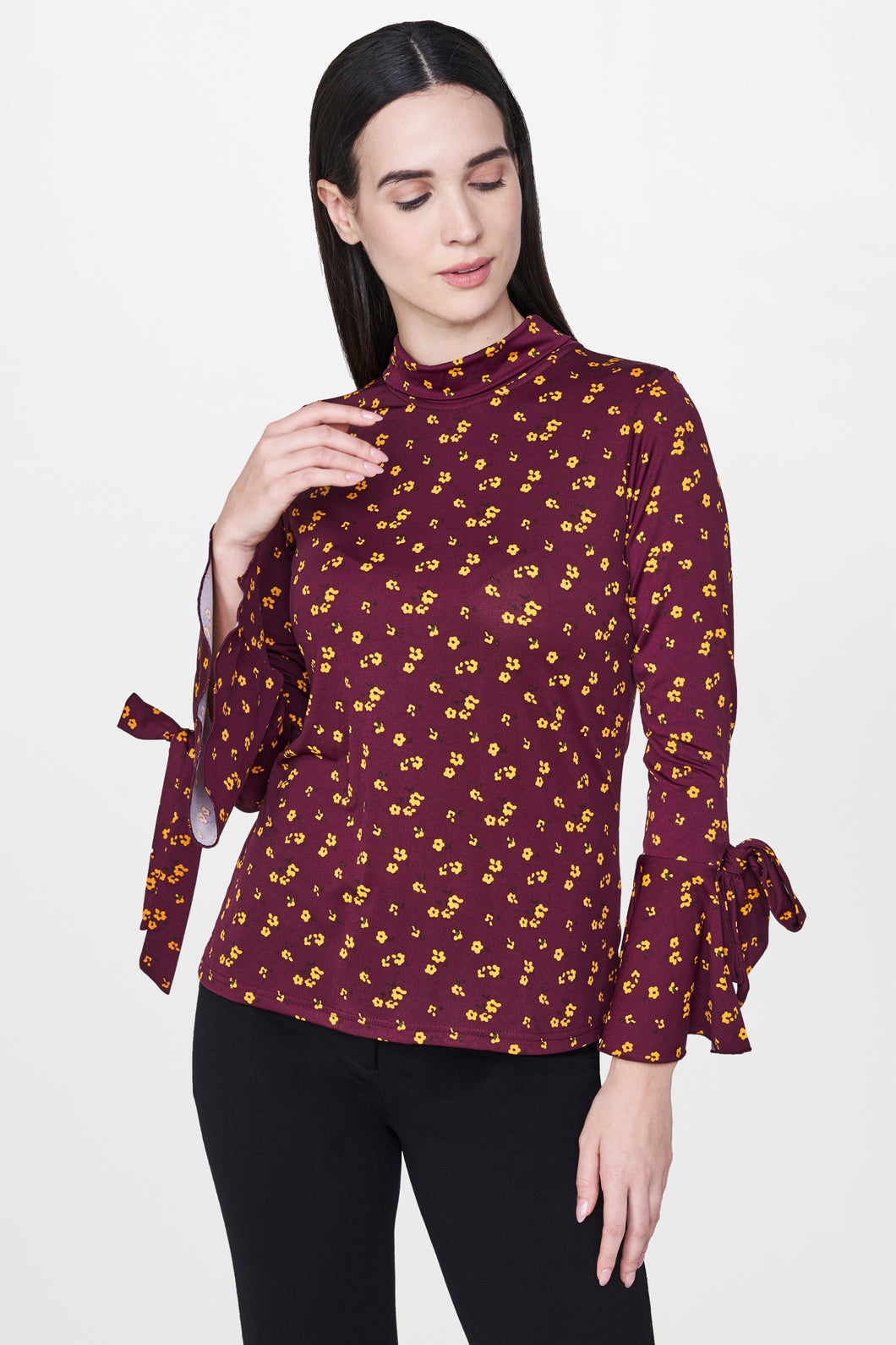 Wine Floral Ruffle Sleeve Top